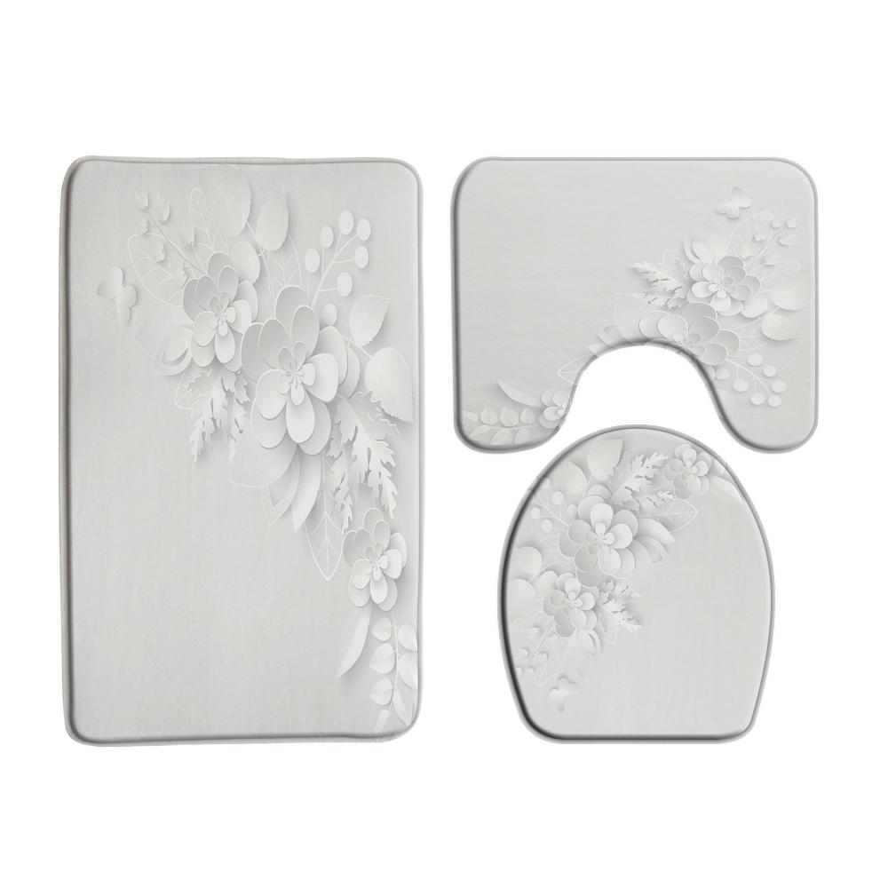 Elegant Bukett Av Fantastiska Vita Blommor 3D-stil Duschdraperi Badrumsgardin Med Badrumsmatta Mattset Blommig Heminredning
