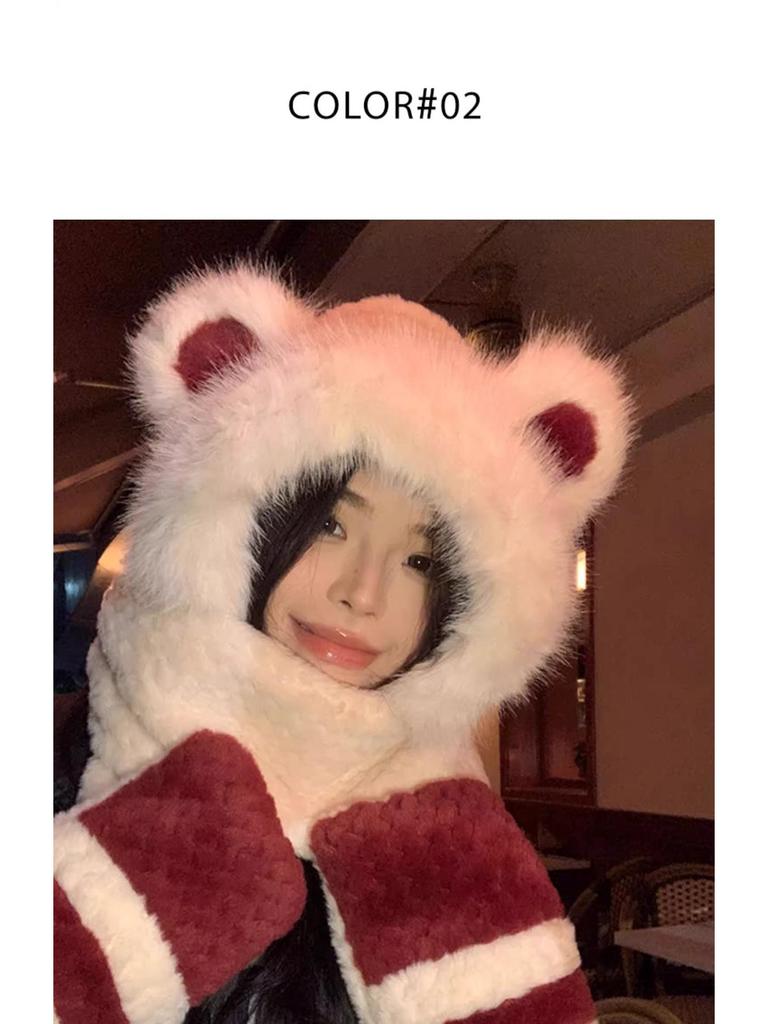 2024 Women's Red Angora Bear Hat with Thick Winter Scarf & Gloves