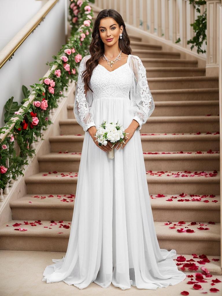 Elegantes Abendkleid mit langen Ärmeln aus Spitze Hochzeits- und Bankettkleid