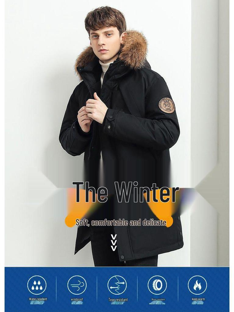 Men's Mid-Length Winter Down Jacket with Large Fur Collar, Plus Size, Middle-Aged Business Casual Style