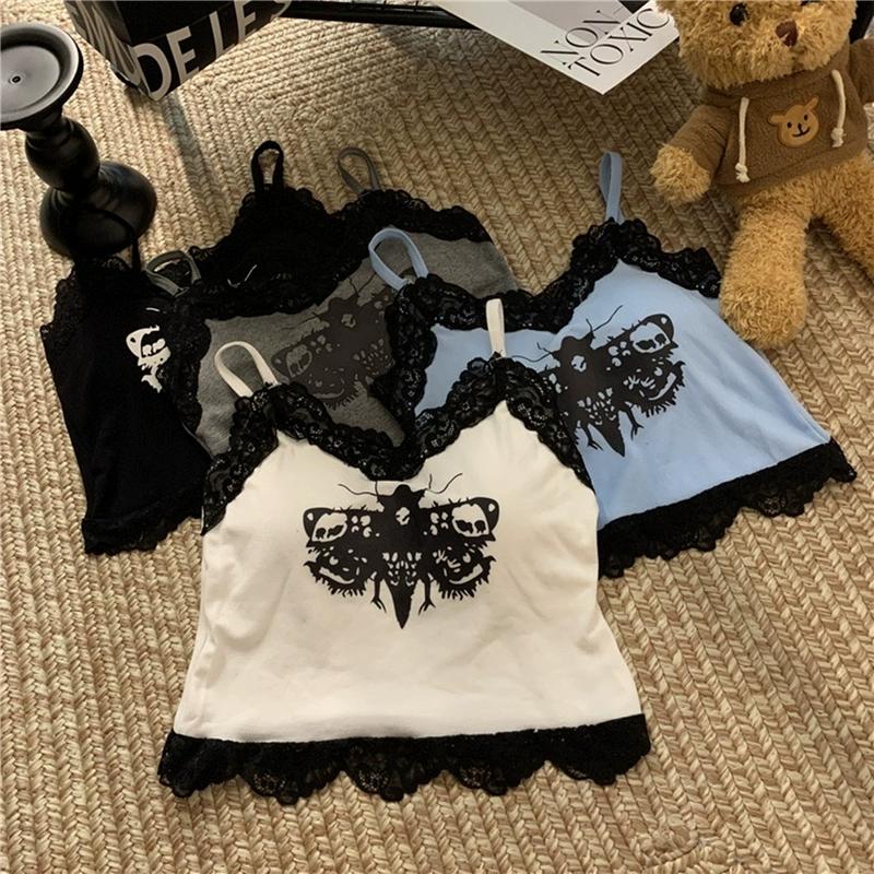 Summer Women Lace With Chest Pads Sling Tops Female Straps Tank Tops Harajuku Streetwear Camisole Sexy Butterfly Printed Crop Tops