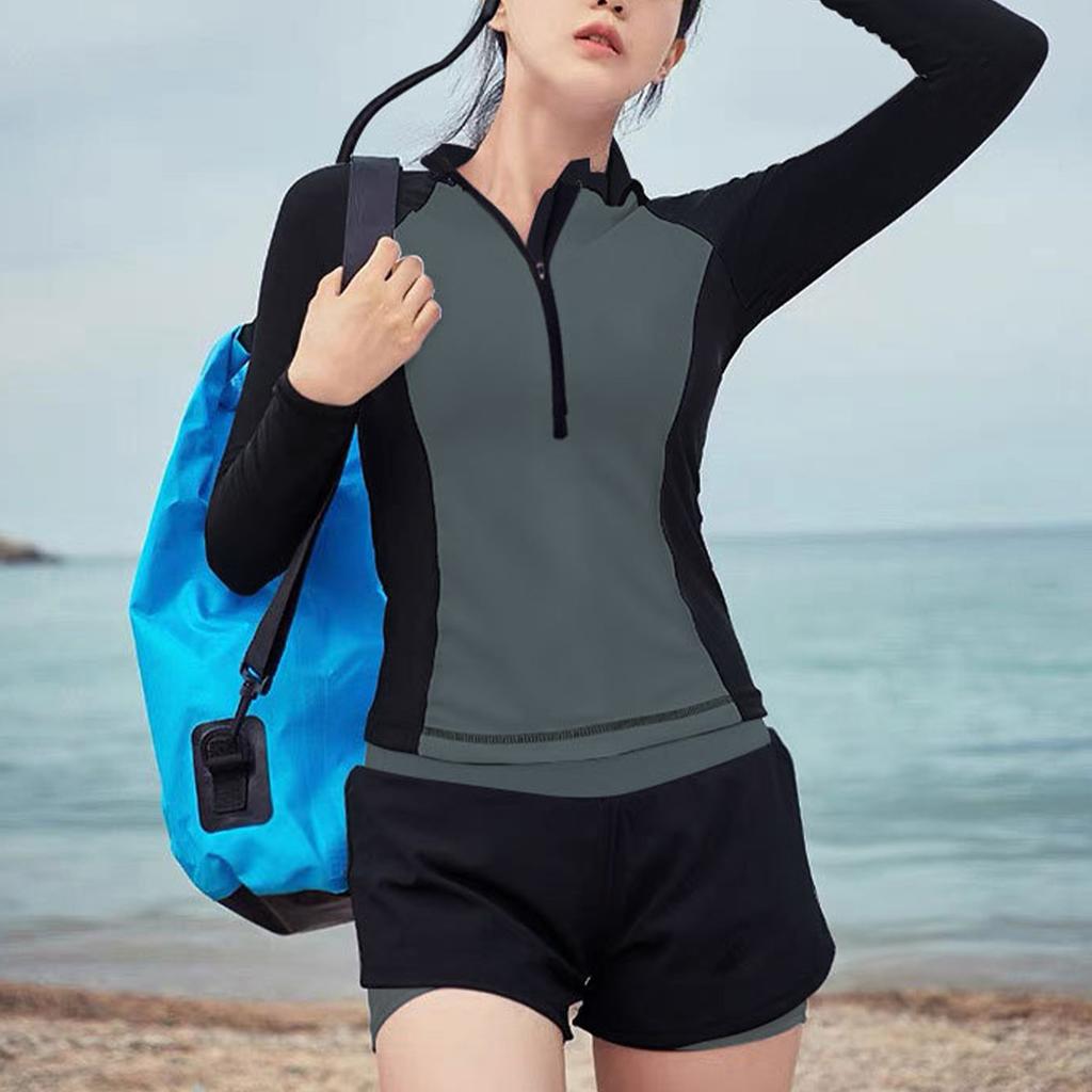 Women Long Sleeve Swimsuit Fashionable Sun Protection Crewneck Quick Dry Two Piece Sports Bathing Suit Women 3802 XXL