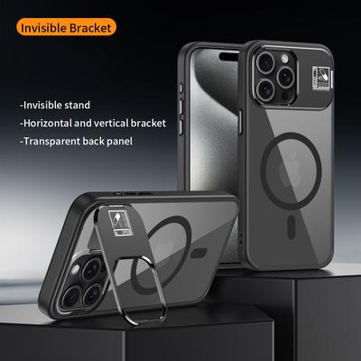 Pro iPhone 15 Pro Max Magnetické pouzdro TPU+Akrylový stojánek Kryt telefonu s fólií na skleněný objektiv