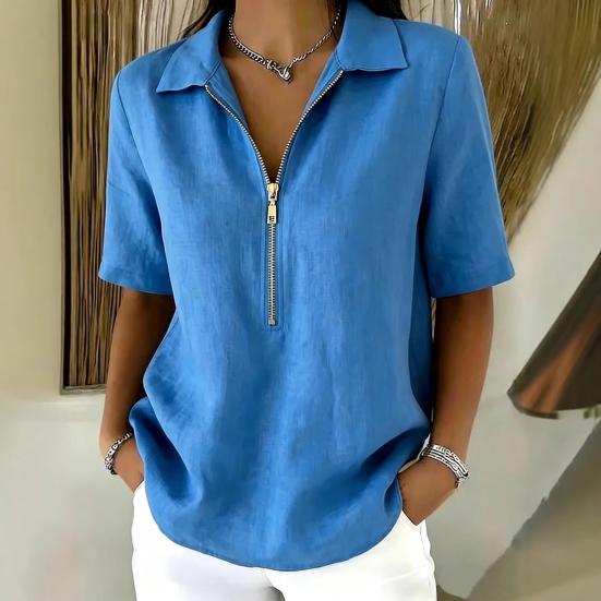 Damen Oberteile Revers Reißverschluss Halbe Knopfleiste Kurzarm Pullover Oberteile Normale Passform Einfarbige Freizeitbluse Partys Urlaube Tägliche Kleidung