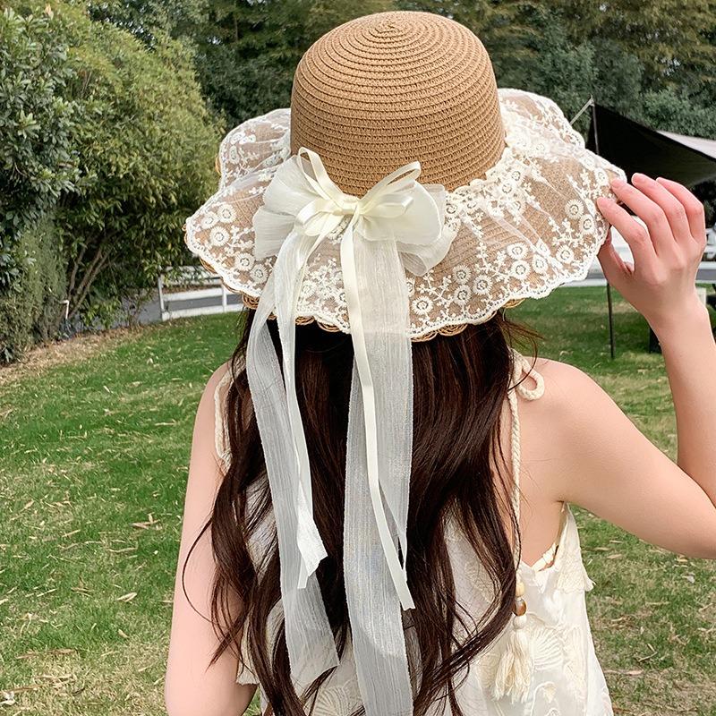Summer Bow Sun Hat Female, Seaside Beach Vacation Sun Hat Outdoor Big Brim Sun Hat Sweet Straw Hat