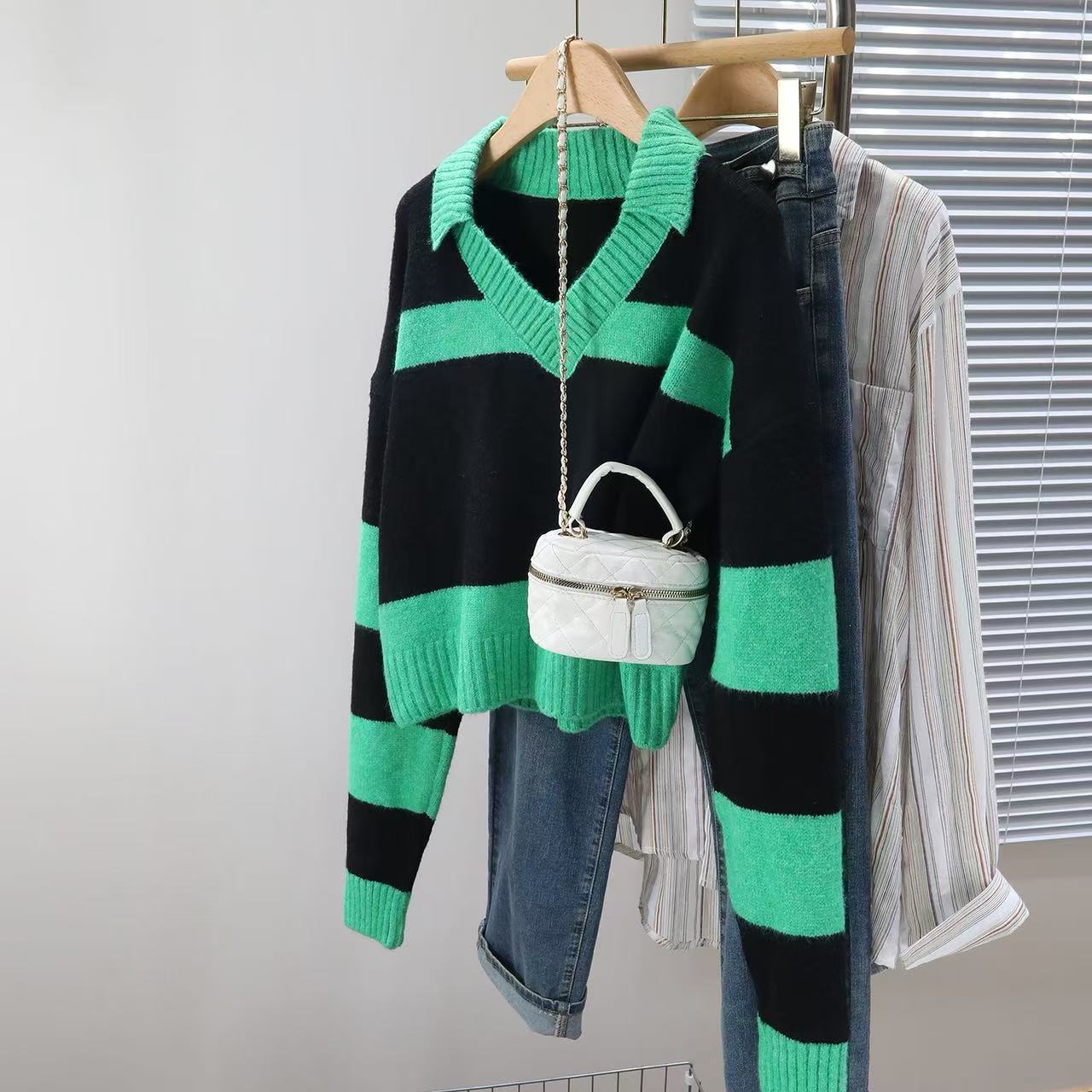 

Корейский осенне-зимний ретро полосатый вязаный свитер с длинным рукавом для женщин 3XL зелёный