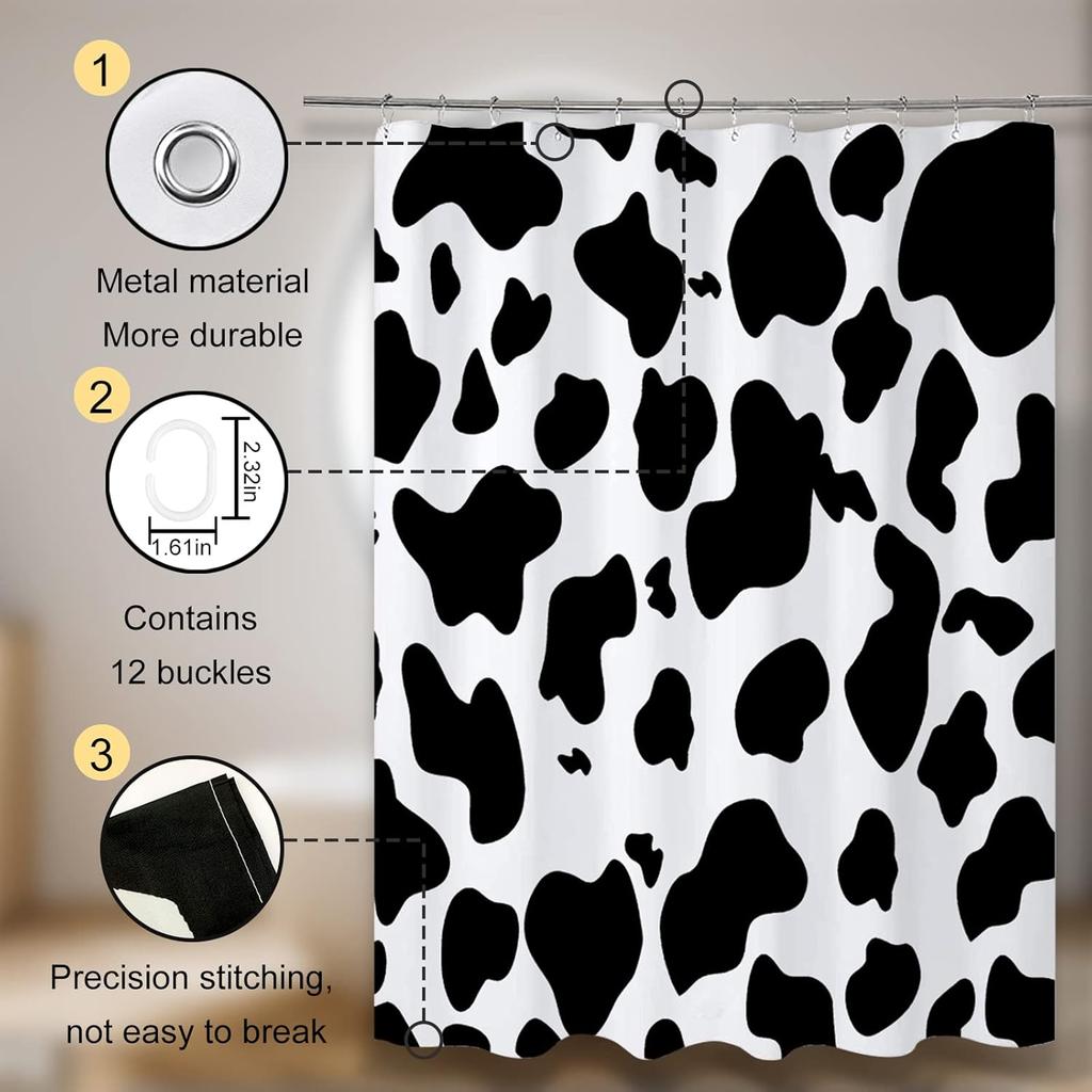 Cow Print Shower Curtain, Black & White Animal Design, Polyester Fabric With Hooks