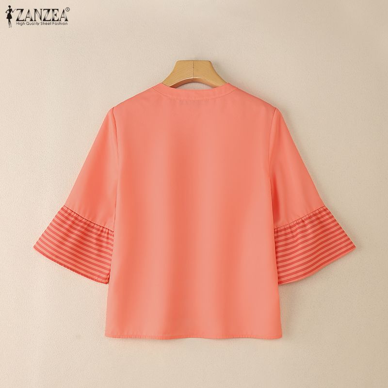 ZANZEA Women Casual V-Neck Loose 3/4 Sleeve Retro Blouse