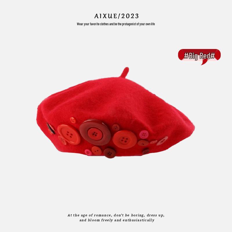 

Ретро Кофейно-коричневый Шерстяной Берет для Женщин - Зимне-осенний Стиль с Универсальным Дизайном на Пуговицах ярко-красный