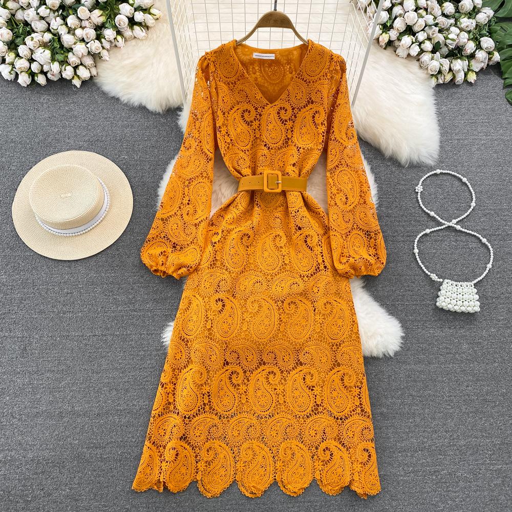 Spring Autumn Red/Yellow/Purple/Blue Hollow Out Embroidered Long Dress Women Vintage Lace Puff Sleeve Party Maxi Vestidos