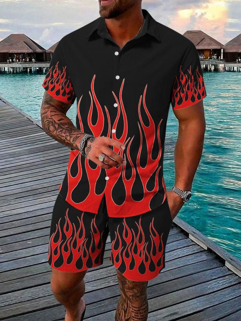 Summer Beach Party Men's Casual Men's Hawaiian Short-sleeved Shirt And Beach Shorts Set