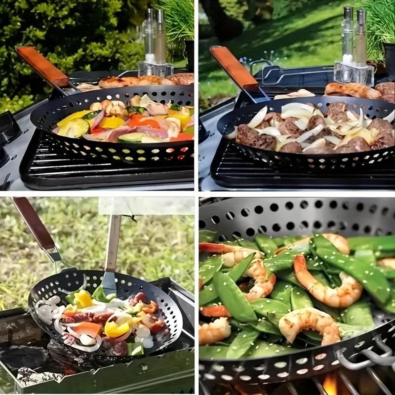 Perforated BBQ Grilling Pan with Folding Handle Non-Stick Round Barbecue Skillet Portable Outdoor Grill Basket for Backyard BBQ