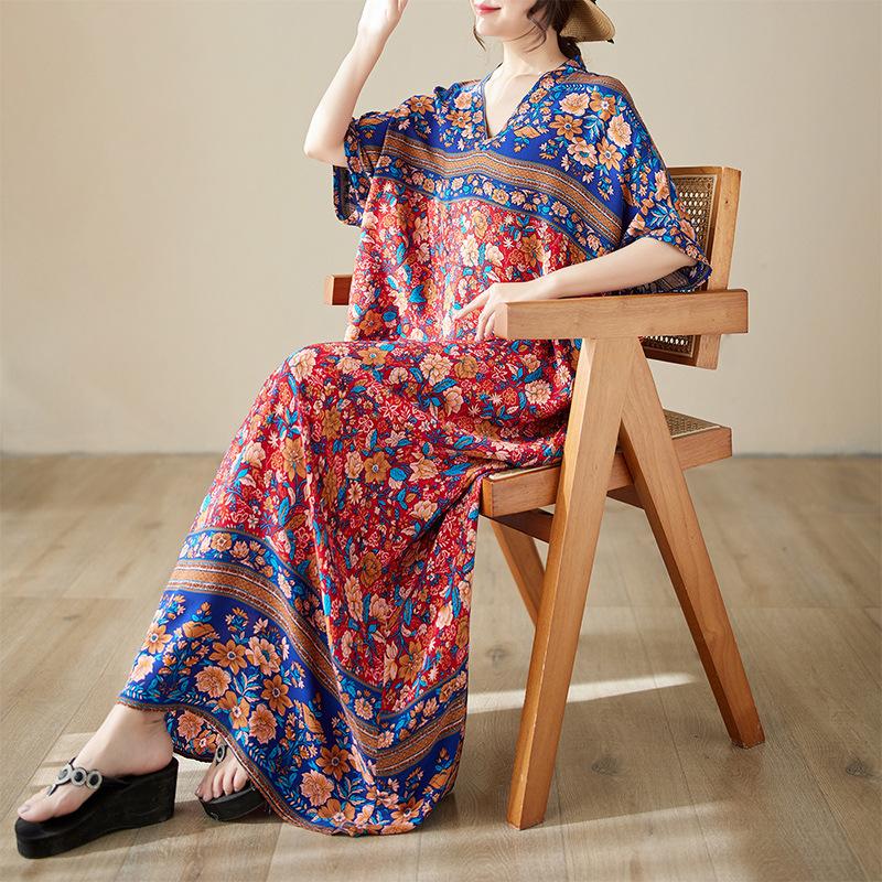 Sommer V-Ausschnitt Dünn Übergröße Locker Literarischer Urlaubsstil Strandkleid Vintage Lange Kleider