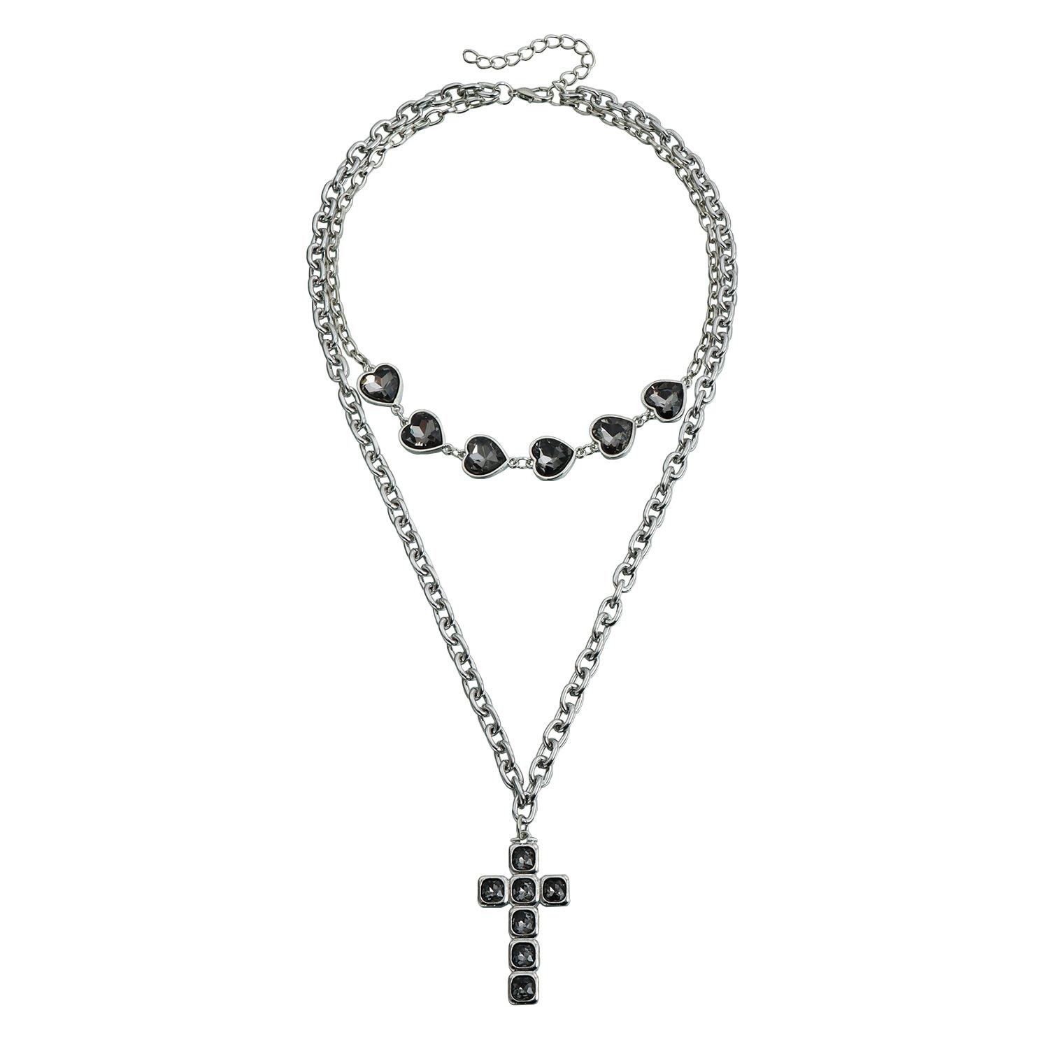 Black diamond cross stacked with love chain, personalized versatile long trend items
