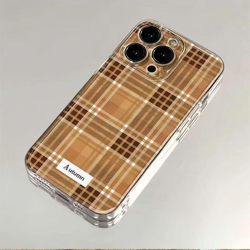 Brown striped grid applies to Apple 16promax mobile phone case 15plus creative 14 advanced sense 13pro personality X
