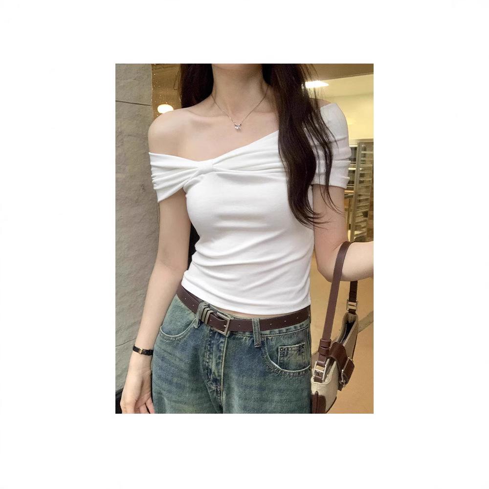 Pleated Bow One-word Shoulder Design Short-sleeved T-shirt Women's Summer New Slim-fitting and Thin Niche Top