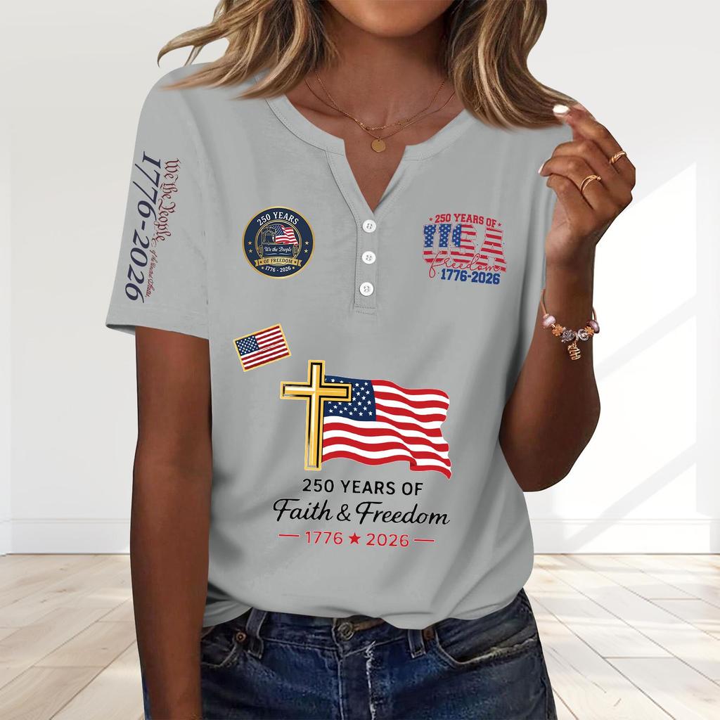 Women's Fashion Casual 250th Anniversary Independence Day Print V-Neck Short Sleeve Decorated Button-Up T-Shirt