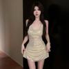 Damen Glänzendes Satin Slip Mini-Kleid Schalkragen Spaghettiträger Bodycon Raffung Partykleid Rückenfrei Nachtclub Cocktail Kurzes Kleid für Abend Clubwear