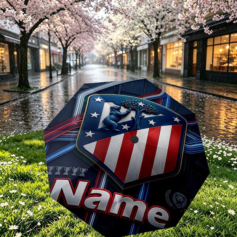 Custom Name Personalized Atletico Madrid Print Umbrella, Auto Open Close, 8‑Rib Sturdy Frame, Commute Camping Hiking Use, Birthday Gift