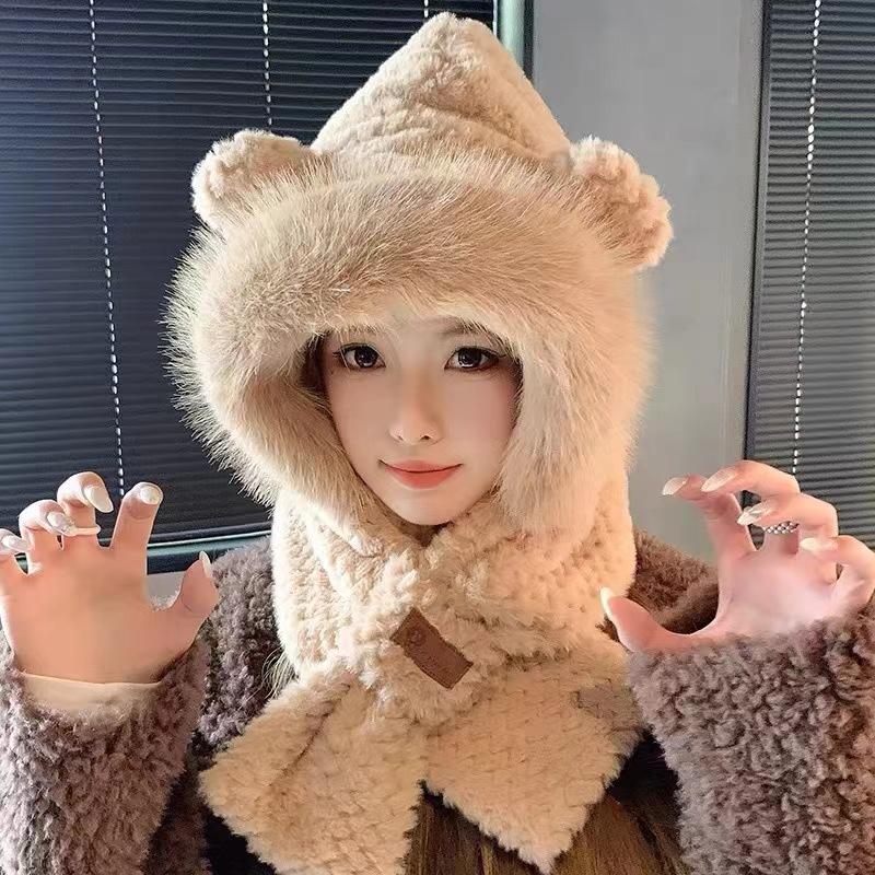 Winter Women's Warm Ear Protection Plush Hat New Plush Thickened Neck Protection Cute Knitted Wool Hat Scarf Integrated