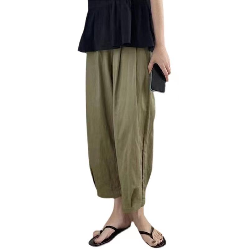 Maternity Wide-Leg Cotton Linen Pants - Summer, Loose Fit, Retro Style, Casual Nine-Point, Belly Support.