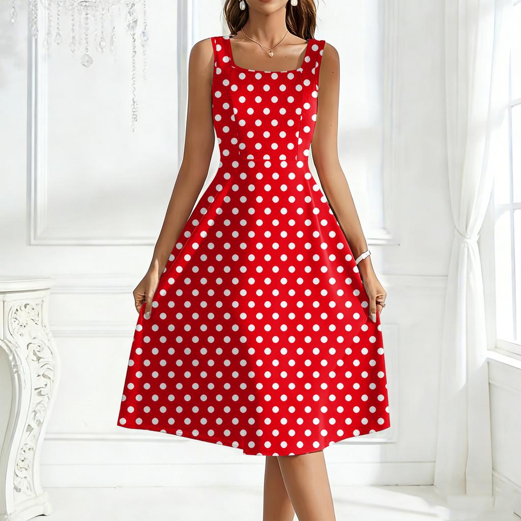 Women's Square-Neck Sleeveless Polka Dot Maxi Dress