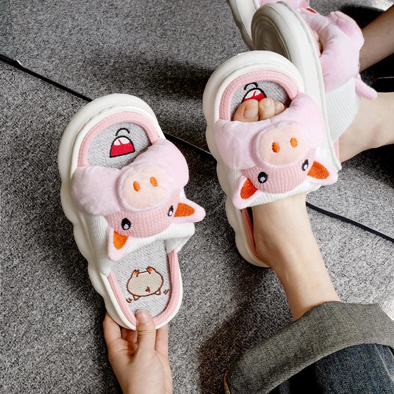 Women's and Men's Cute Silent Indoor Non-slip Cotton Linen Slippers: Four-Season Sweat-absorbent Comfort