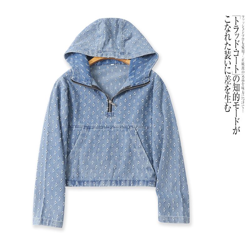 Ripped Jeans Outerwear Autumn New Foreign Trade Women clothes Hooded Collar Zip-up Pullover Long sleeve Leisure Top 32252