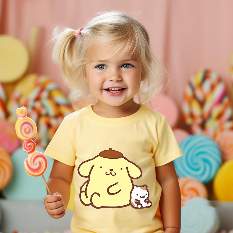 

2025 MINISO Футболка Pompompurin с принтом Детская одежда Детская футболка Желтый Хлопковый топ с коротким рукавом для девочек 160