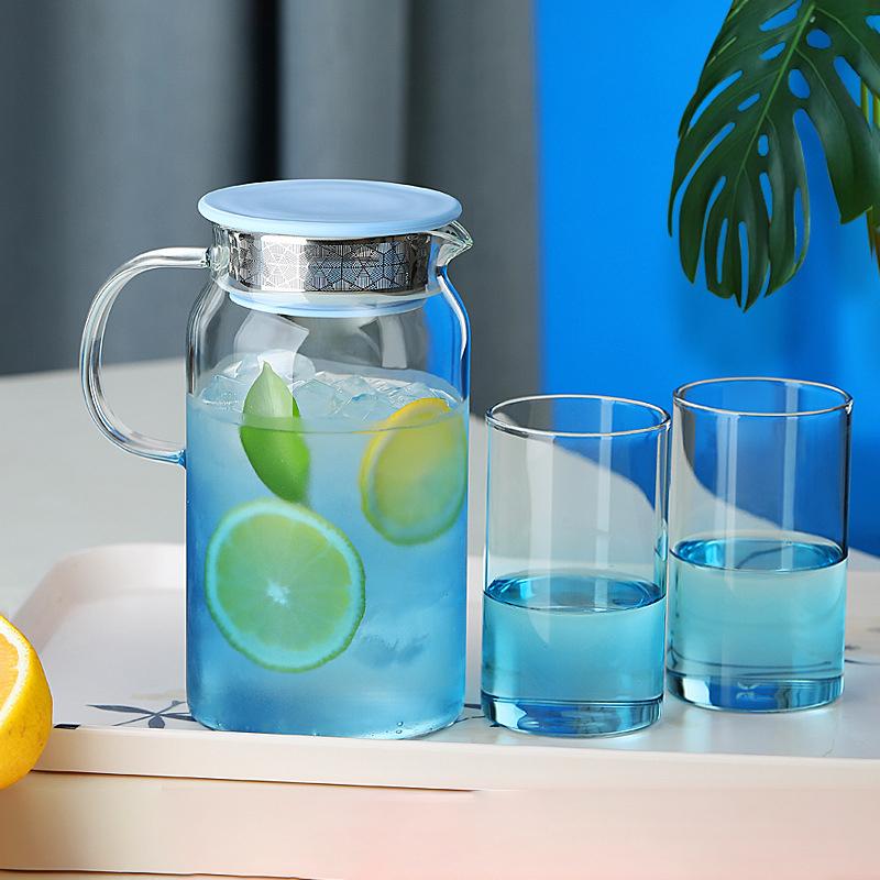 Creative color filter juice pot large volume gradient blue glass teapot household explosion-proof cool teapot cup holder set