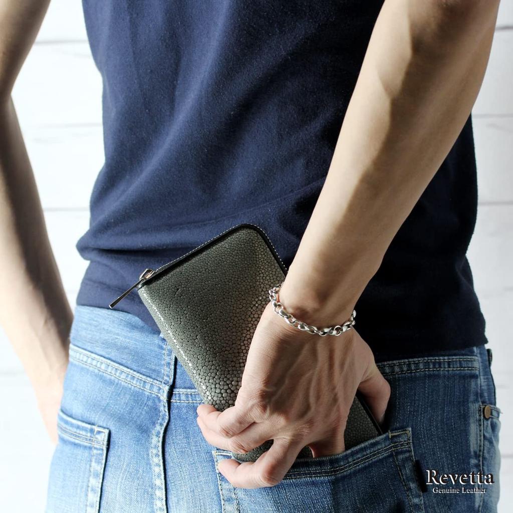 [Revetta] Langbörse aus Rochenleder, Rundreißverschluss, Rochen Galuchat, Grau, Echtes Leder, Schwarzes Lederinnenfutter [194stw]