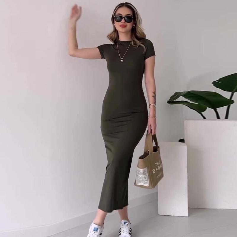 

Летнее однотонное облегающее платье с круглым вырезом и облегающее бедра для женщин Extra Small армия зеленый