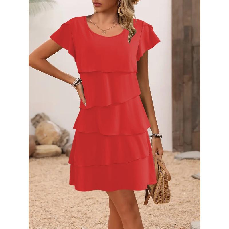 QICED Fashion Summer Spring Solid Color Print Short Sleeve O-Neck Casual Dresses