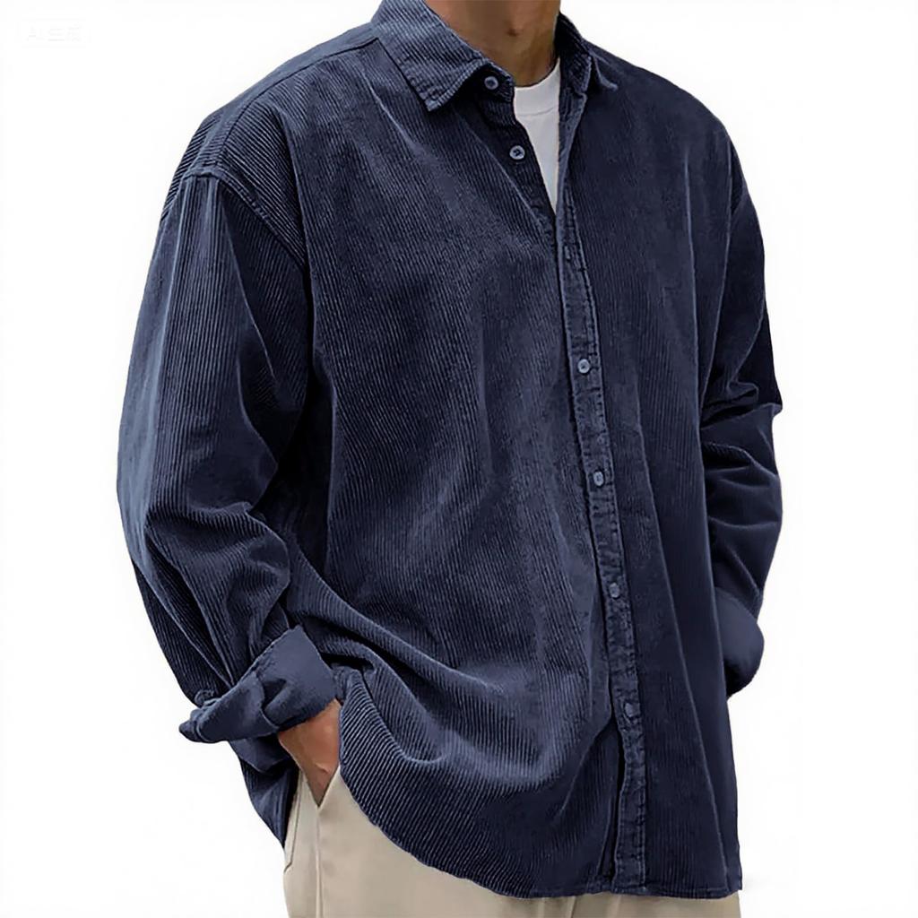 Men's Casual -color Corduroy Button Shirt, Men's Long-sleeved Trendy Loose Square-neck Thick Shirt