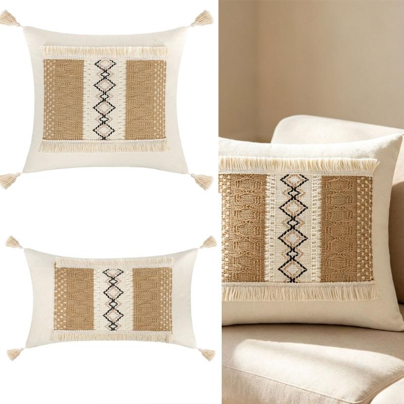 Tassels Throw Pillow Cover with Geometric Woven Texture, Neutral Farmhouse Cushion Cover for Living Room Bed Accent Decors