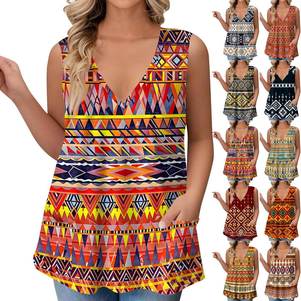 Women V Neck Sleeveless Tank Top Loose Fit Pocket T Shirt Vintage Pattern Printed Casual Blouse Summer Wear