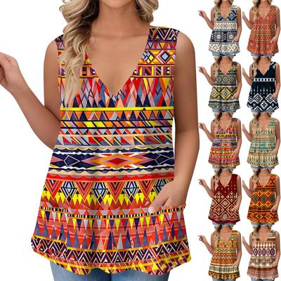 Women's V-neck T-shirt Vest Loose With Pockets T-shirt  Printed Bottom Shirt
