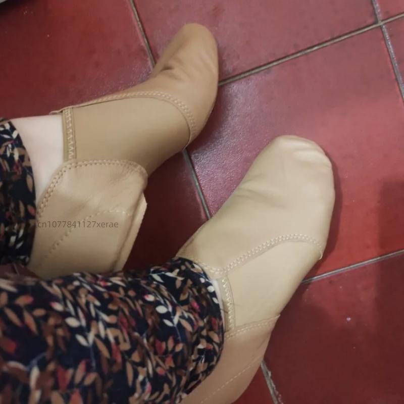 Adult and Children's Low Heeled Jazz Dance Shoes, Camel and Black Oxford Cloth Genuine Leather Elastic Cloth Jazz Shoes