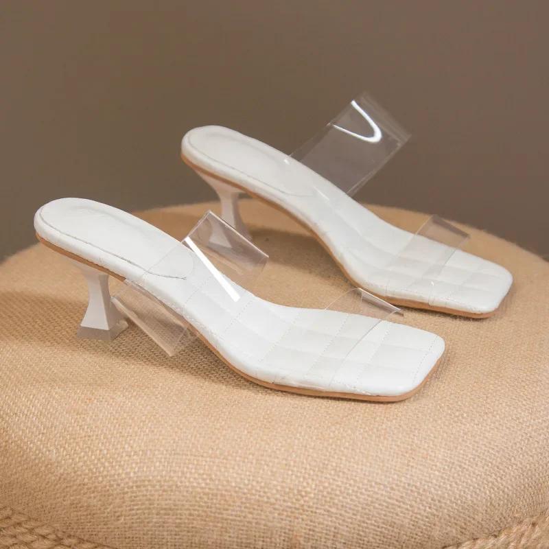 Fashion 2024 Summer Slippers Fashion PVC Transparent Belt Women High-heeled Sandals Square Toe Outdoor Sexy Famle Slides Shoes Mules