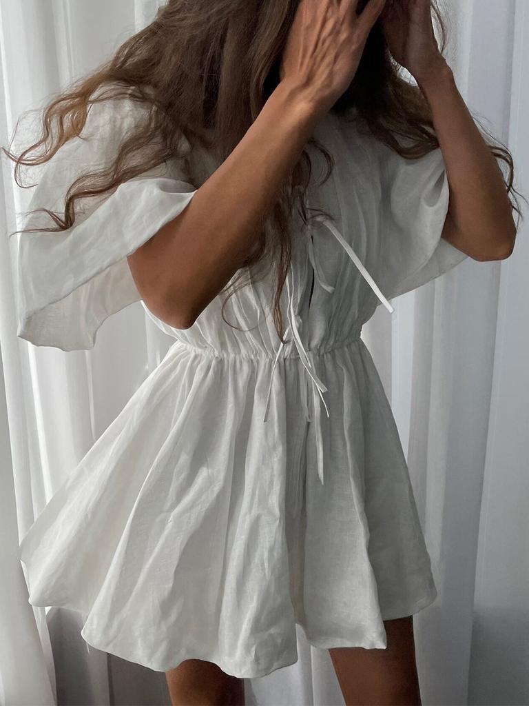 Short Dress European and American Summer New Stand-up Collar Sweet Tie Pleated Waist A-word Dress