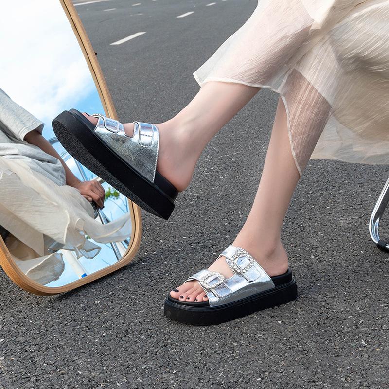 Thick-soled One-word with Rhinestone Square Buckle Outside Slippers Women's Summer New Fashion Casual Muffin Bottom Beach Sandals Women
