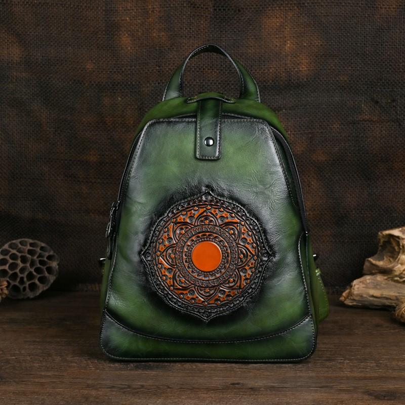 Johnature Vintage Totem Geprägter Rucksack, vielseitige Damen-Ledertasche, einfarbig, große Kapazität, Reiserucksäcke