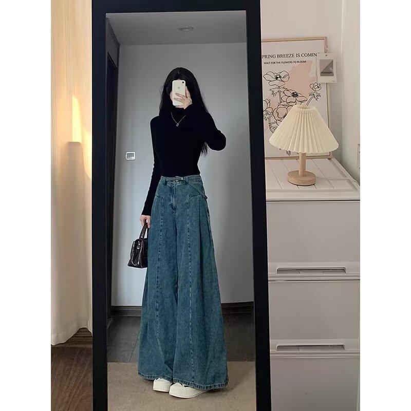Hong Kong Retro Blue High Waist Wide Leg Floor-Length Jeans for Women