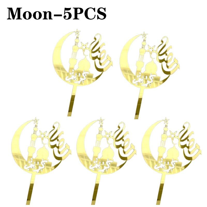 1-10PCS Eid Mubarak Golden Acrylic Cake Topper with Castle Moon Design for Ramadan Muslim Festival Party Cupcake DIY Decoration