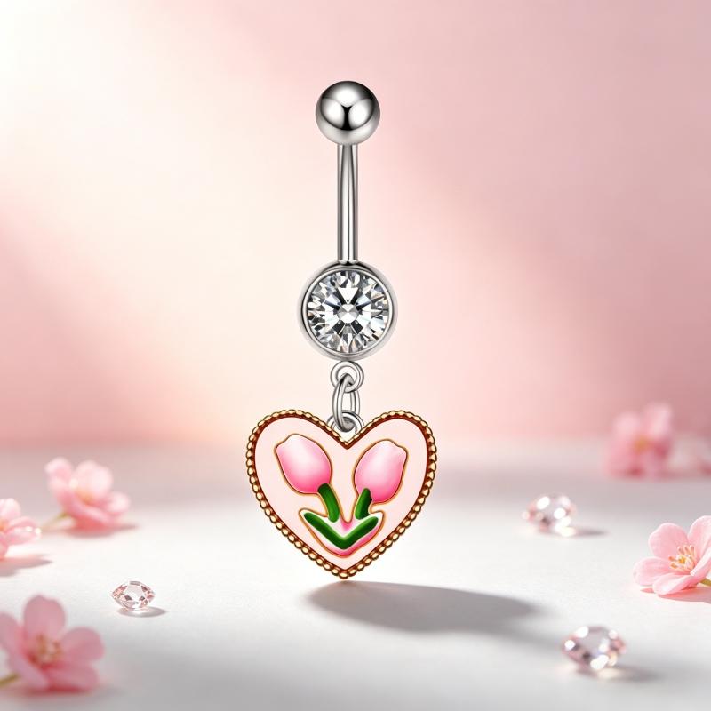 Cute Sweet Dangle Belly Button Rings  Butterfly Heart Navel Ring Stainless Steel Body Piercing Jewelry