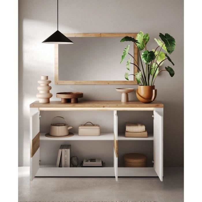 Buffet - IMOLA - Blanc Laqué Brillant / Chêne Clair - 3 Portes - 160 X 43 X 88 Cm - Eclairage LED