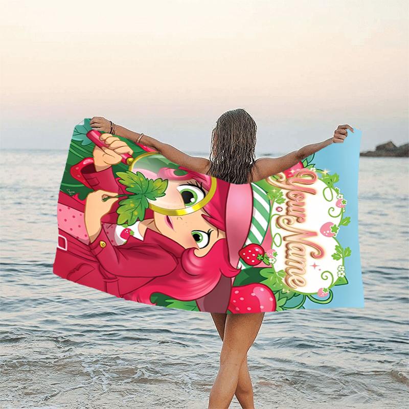 1pc Princess Strawberry Beach Towel with Custom Name, Beach and Seaside Swimming Pool Equipment, Fashion Pattern, Rectangular, Travel Essential