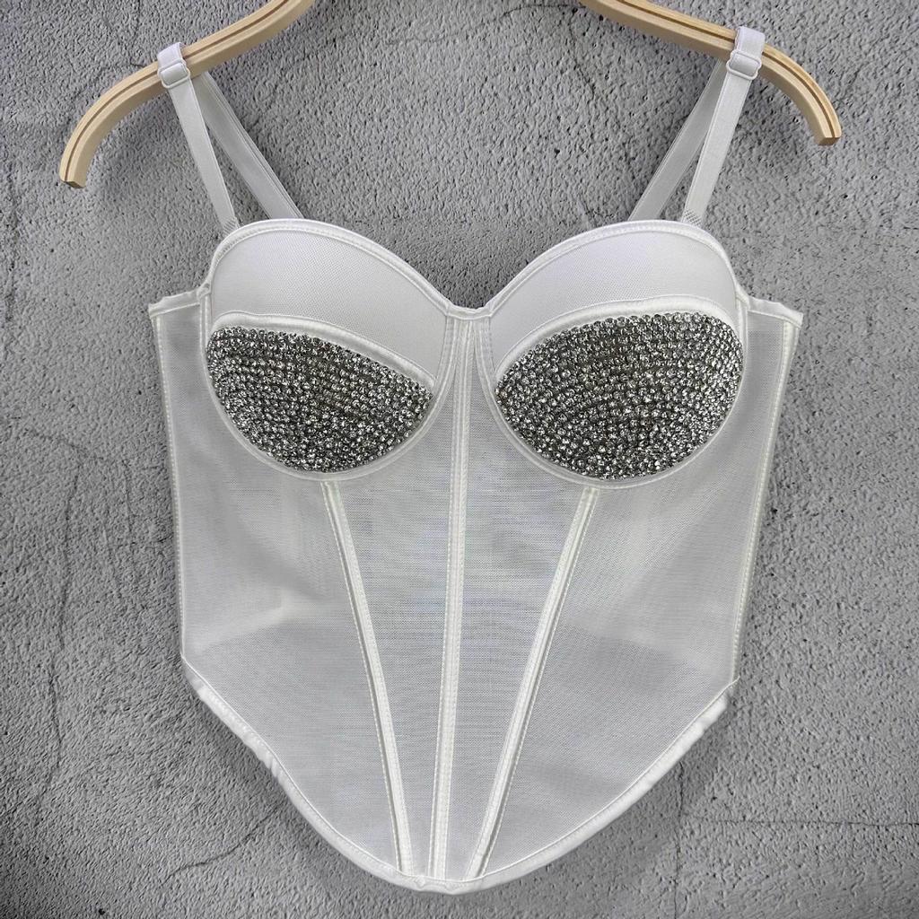 Heavy-duty Crystal Bead Mesh Tank Top Women's Inner Layer Design-oriented Short-sleeve Sexy Fishbone Outerwear Strapless Top Camis & Tank Tops