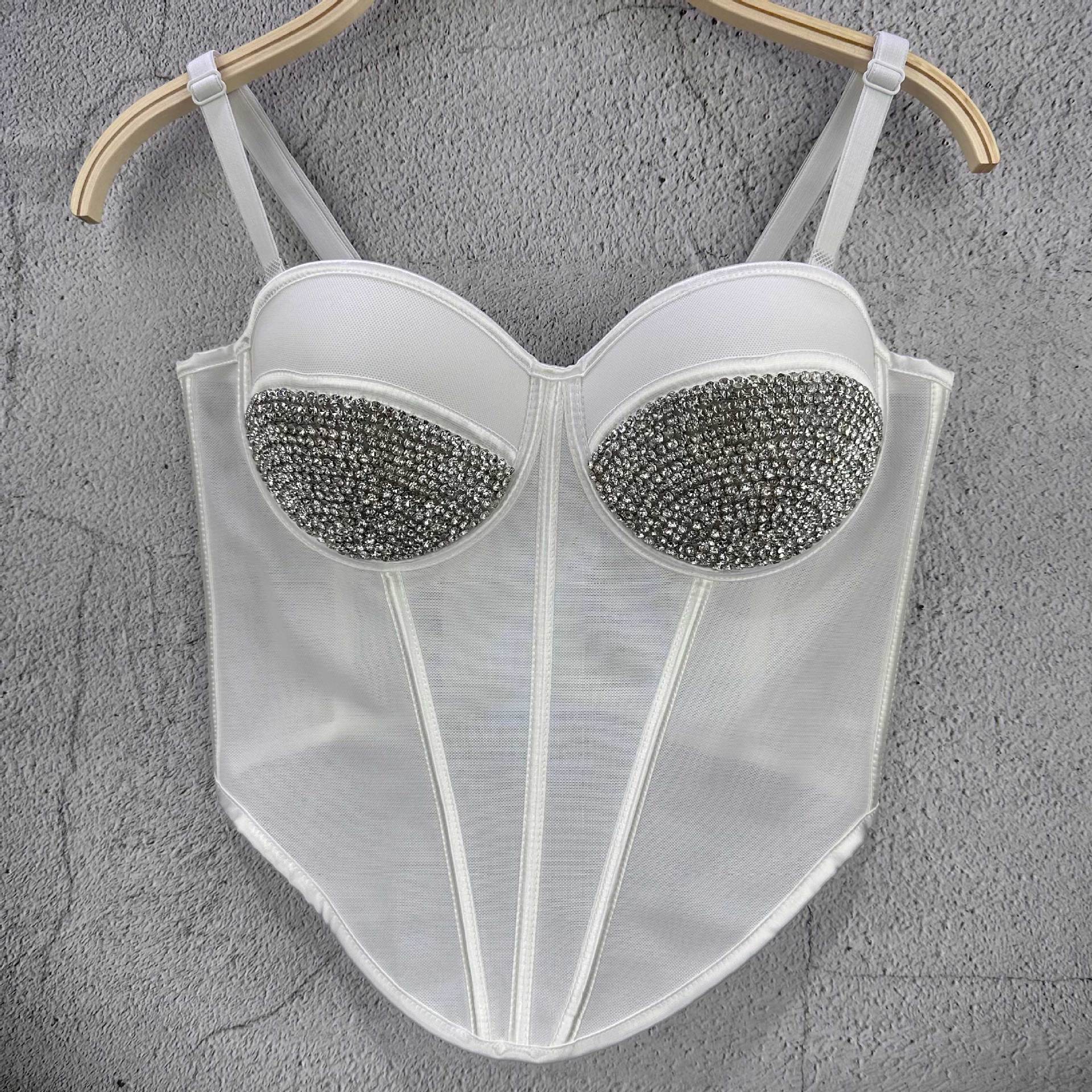 

Тяжелый сетчатый топ-майка с кристальными бусинами, женский внутренний слой, ориентированный на дизайн, с коротким рукавом, сексуальный топ-корсет, верх без бретелей, майки и топы 34/75 белый