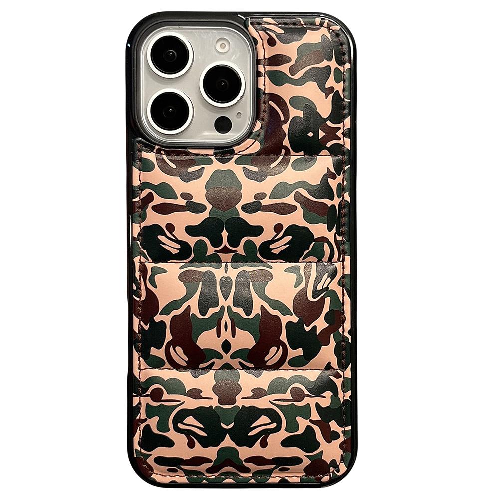 

For iPhone 15 Pro Max Case Camo Puffer Jacket Leather+TPU Back Cover Drop Protection Brown